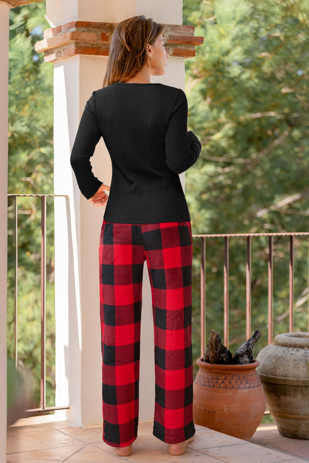 Schwarzes Kariertes Langarm Pyjama-Set