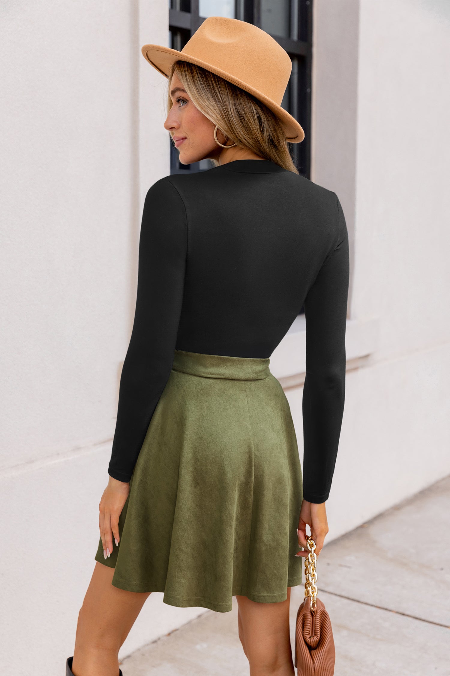 Schwarz-Grünes Hoher Ausschnitt Minikleid mit Taillengürtel