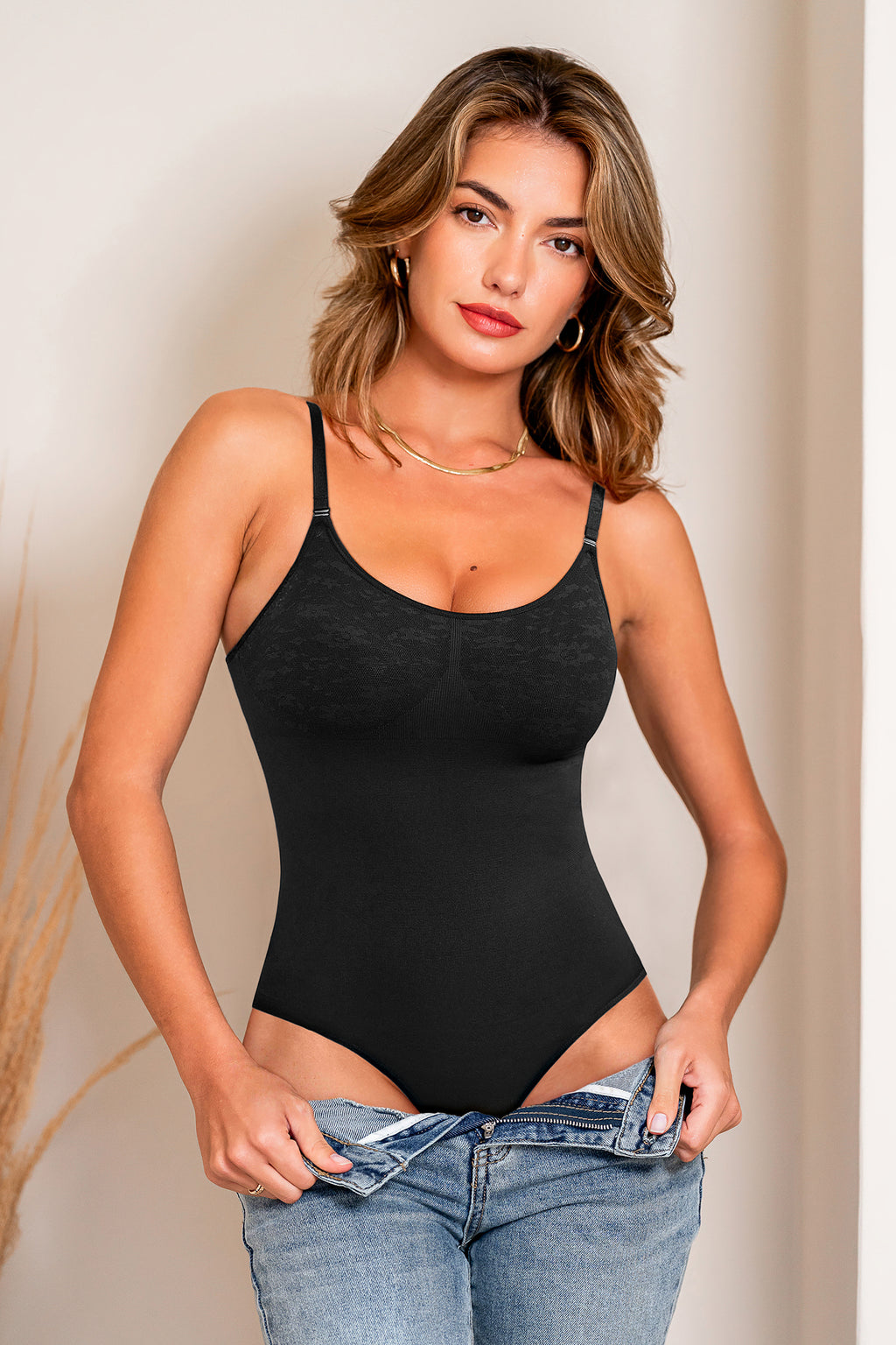 Schwarzer Leichte Kompression Druckknopfverschluss Shapewear-Body
