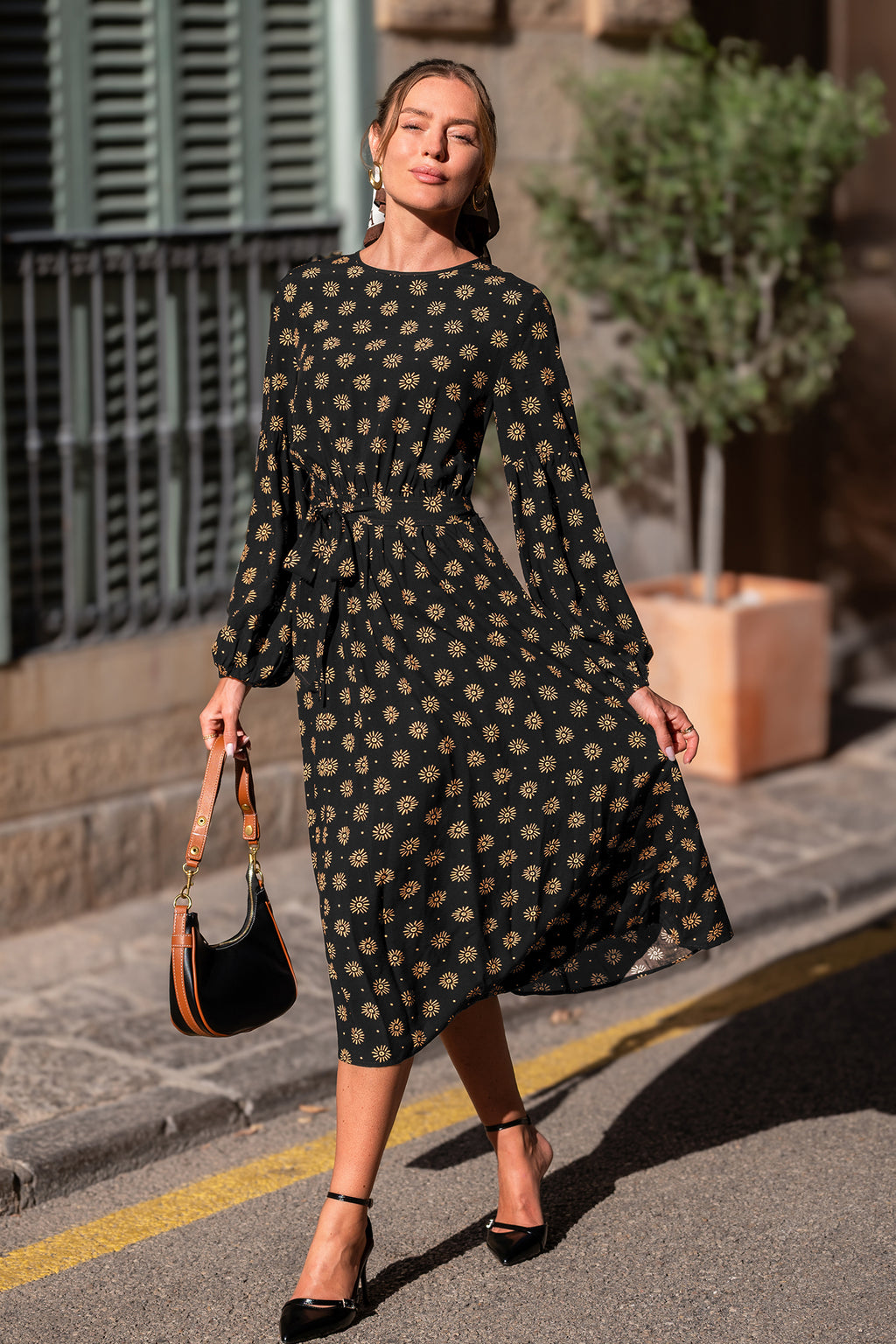 Geblümtes Lange Ärmel Rundhals Maxikleid