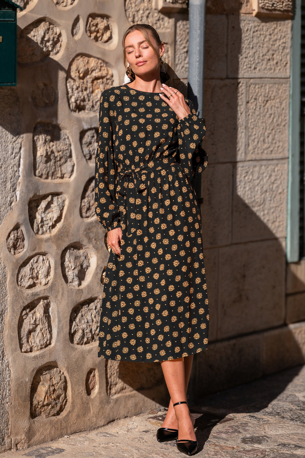Geblümtes Lange Ärmel Rundhals Maxikleid