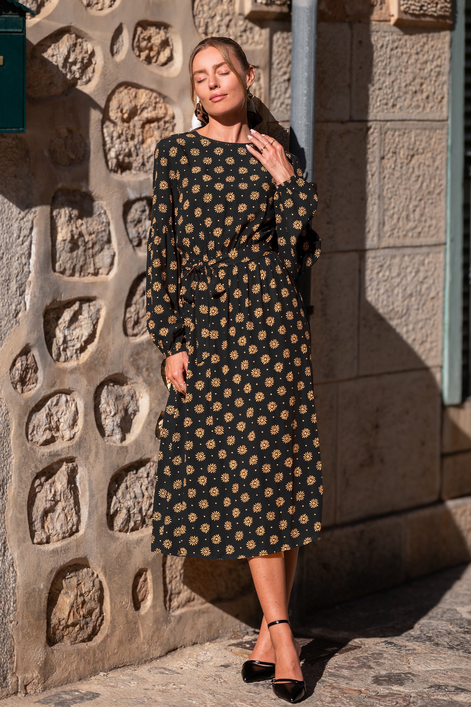 Geblümtes Lange Ärmel Rundhals Maxikleid