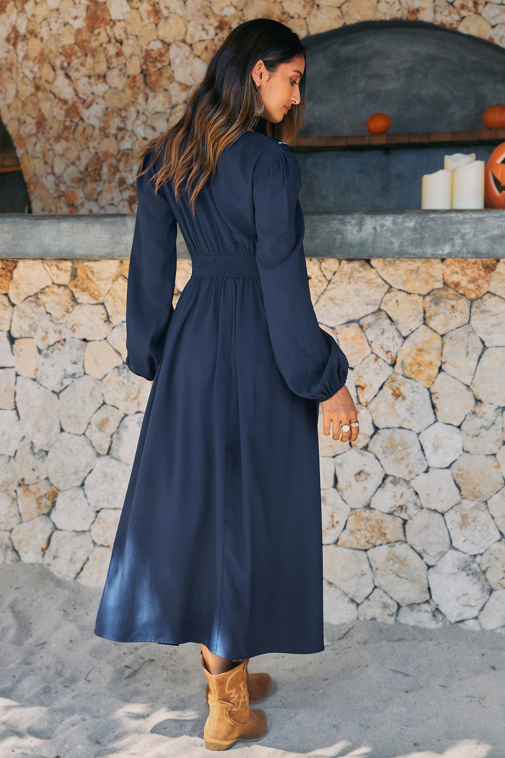 Tiefer Ausschnitt Lange Ärmel Maxikleid mit Blumenmuster