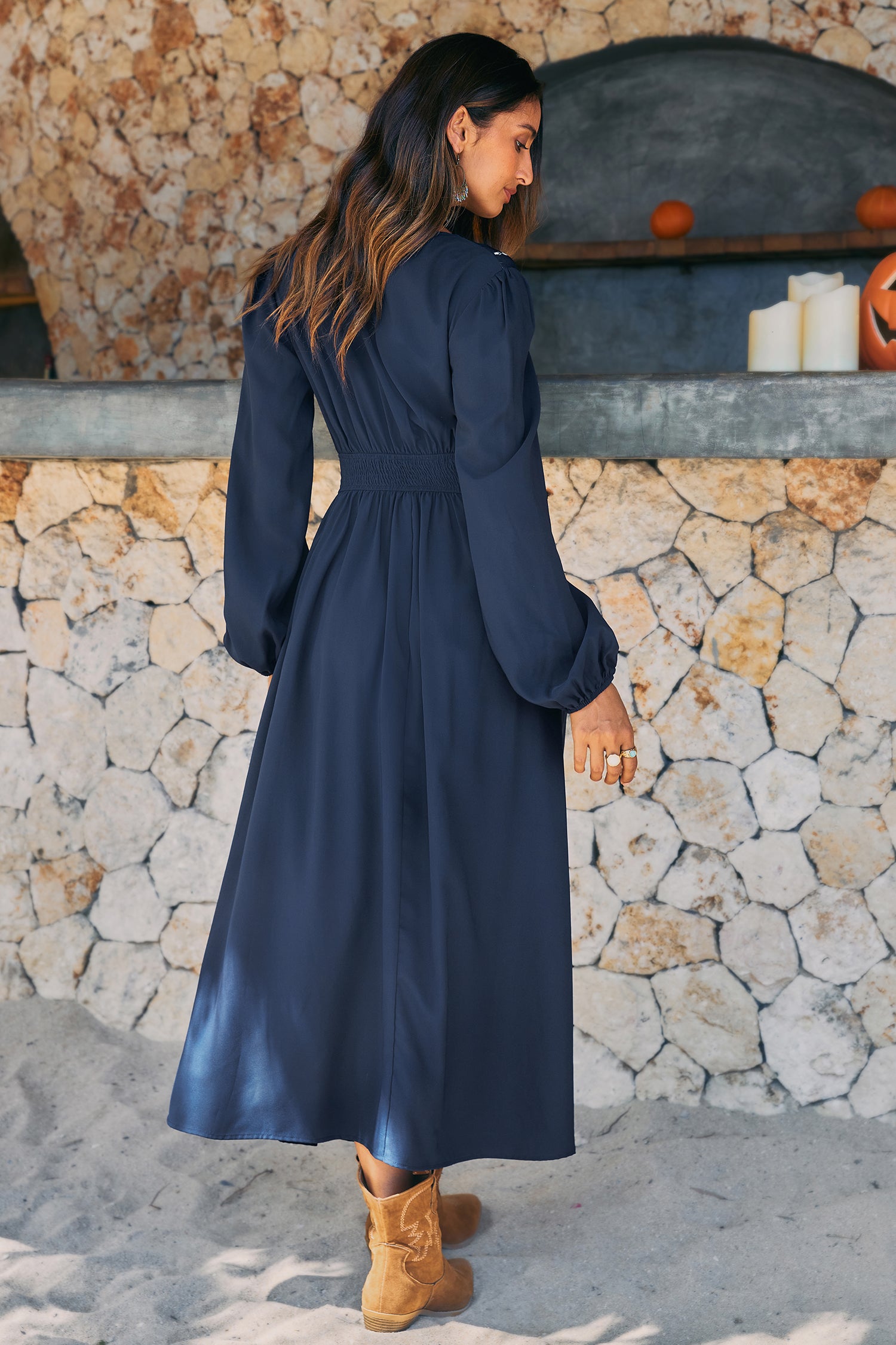 Tiefer Ausschnitt Lange Ärmel Maxikleid mit Blumenmuster