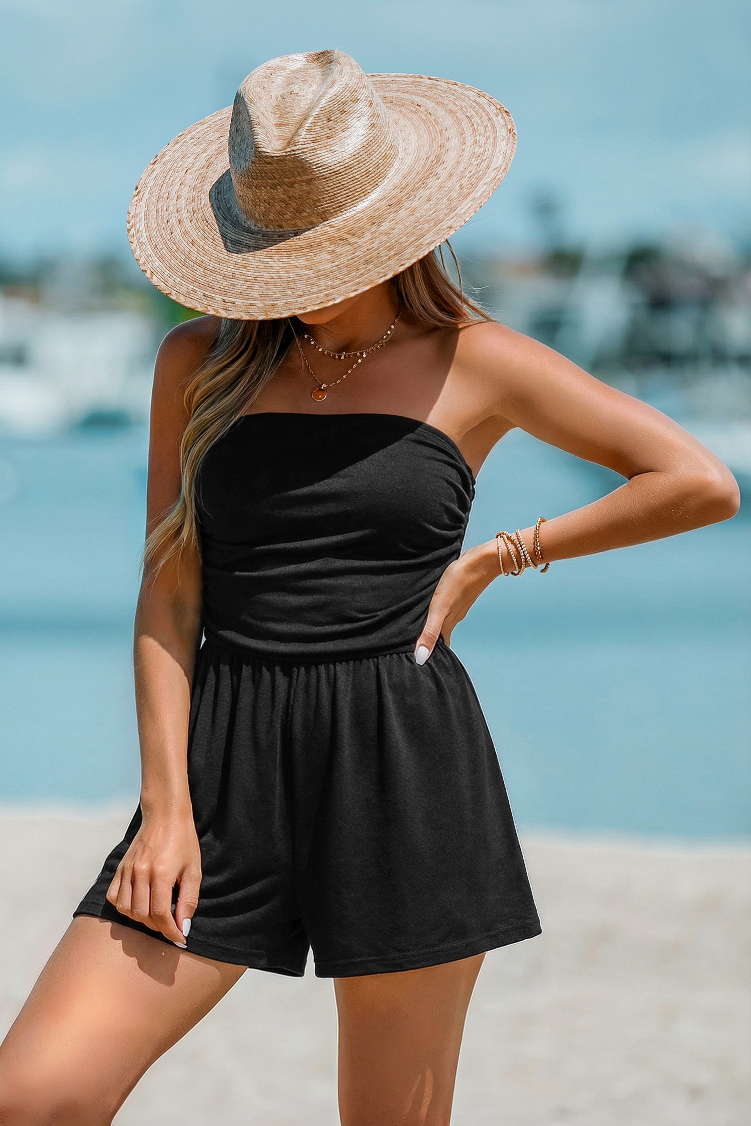 Schwarzer Ärmelloser Wide-Leg Bandeau-Romper