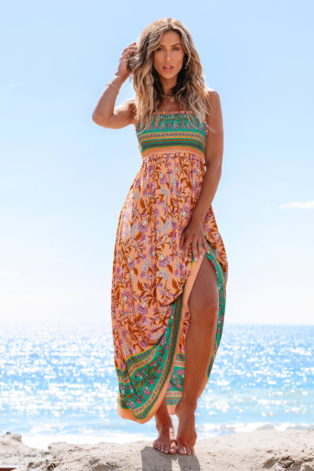 Boho Gesmoktes Maxikleid mit Blumenmuster