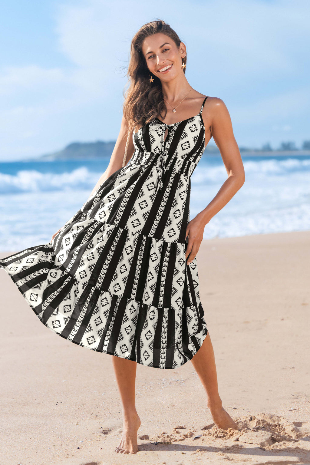 Boho Geo V-Ausschnitt Cami-Midikleid