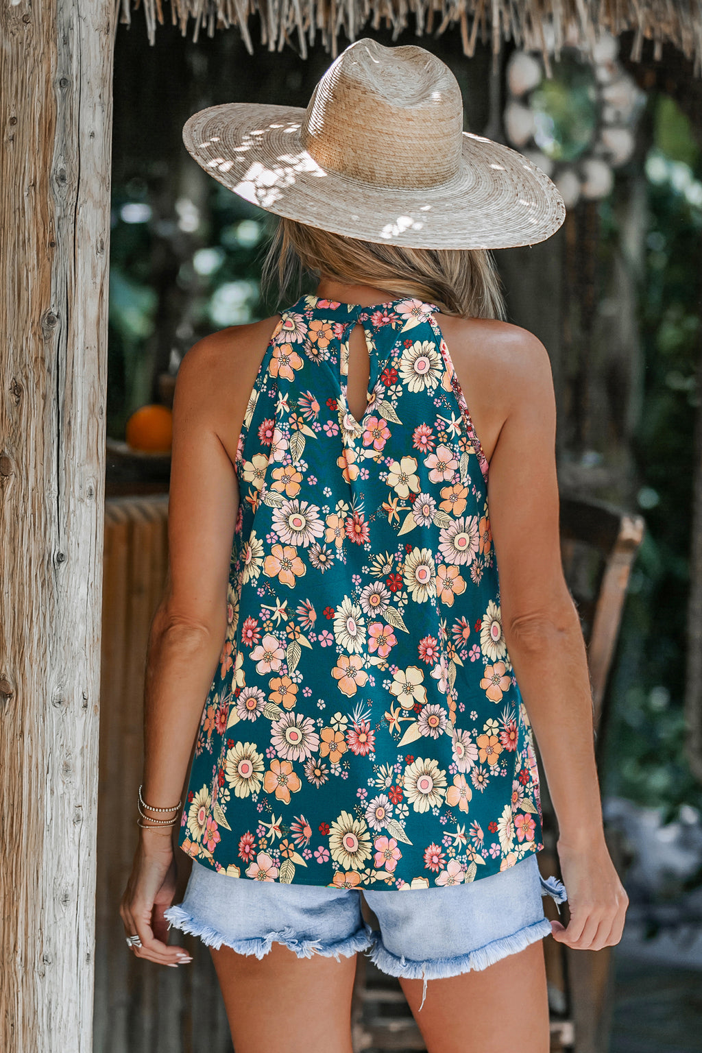 Ärmelloses Hoher Ausschnitt Top mit Blumenmuster
