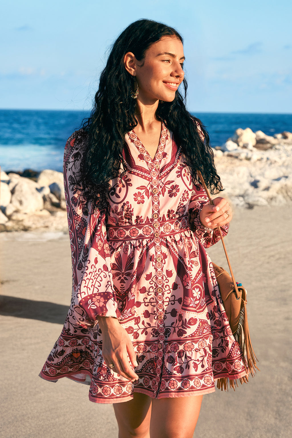 Boho braunes Lange Ärmel Minikleid