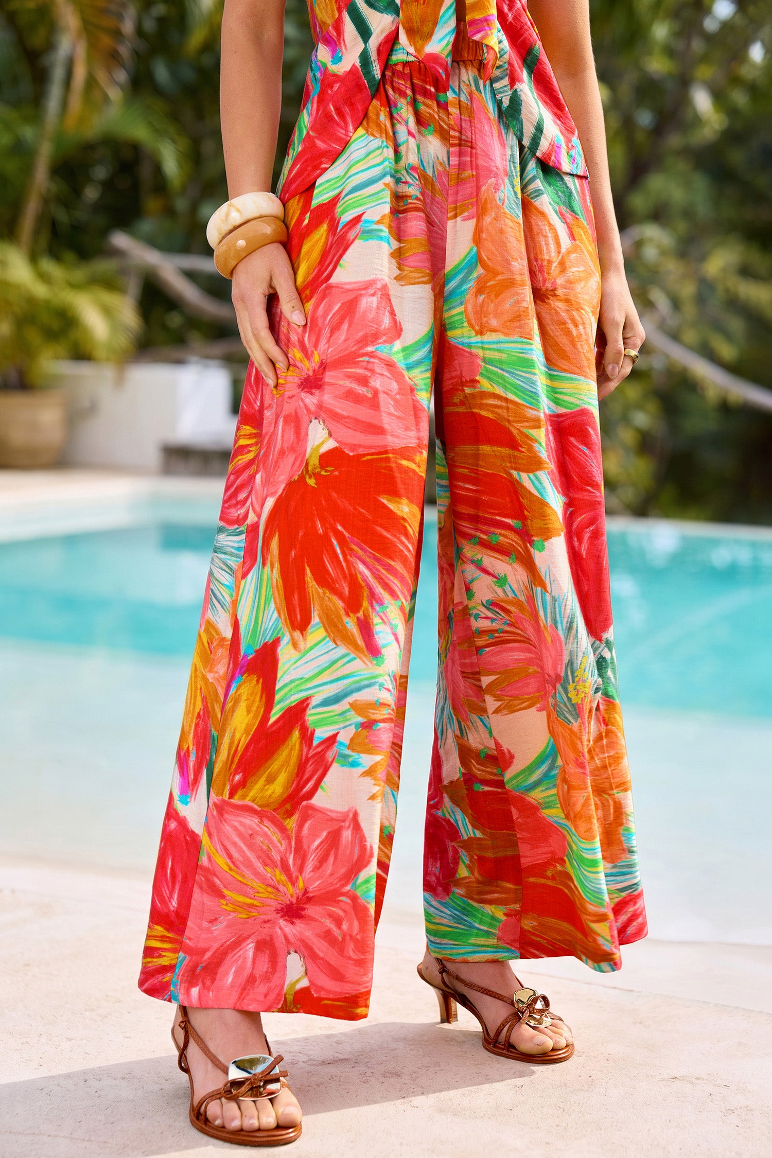 Rote Wide-Leg Sommerhose mit Blumenmuster