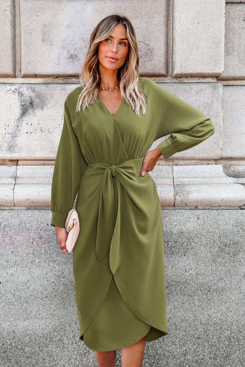 Grünes Lange Ärmel Midikleid mit Taillengürtel