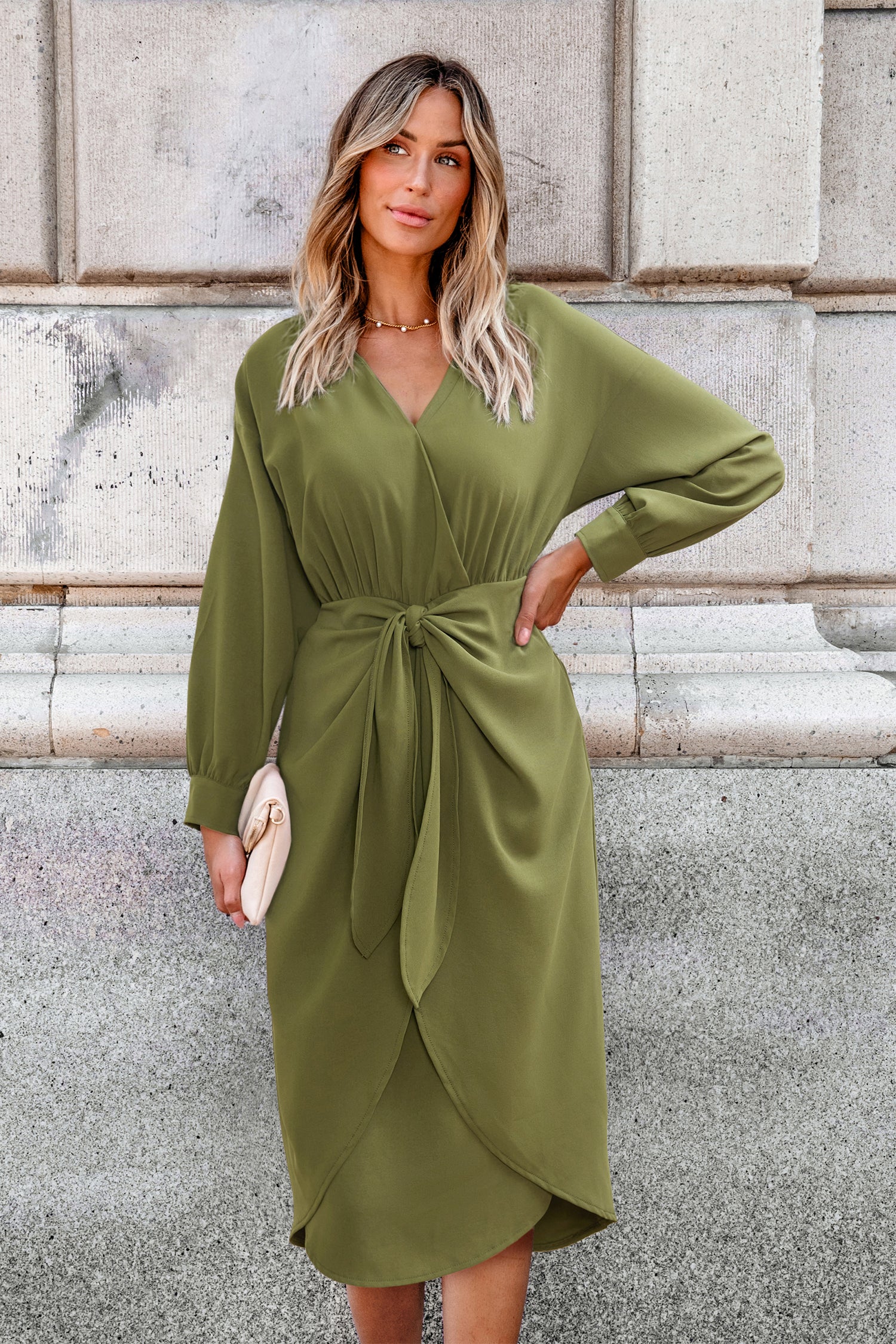 Grünes Lange Ärmel Midikleid mit Taillengürtel
