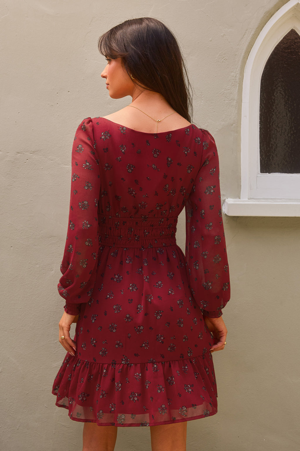 Rotes Lange Ärmel Quadratischer Ausschnitt Minikleid