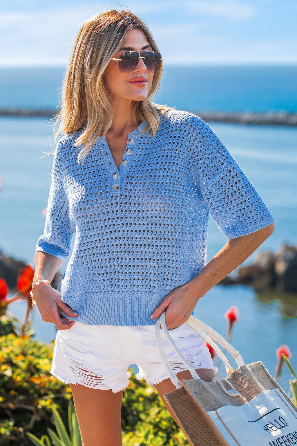 Kurzarm V-Ausschnitt Strick-Strand-Top