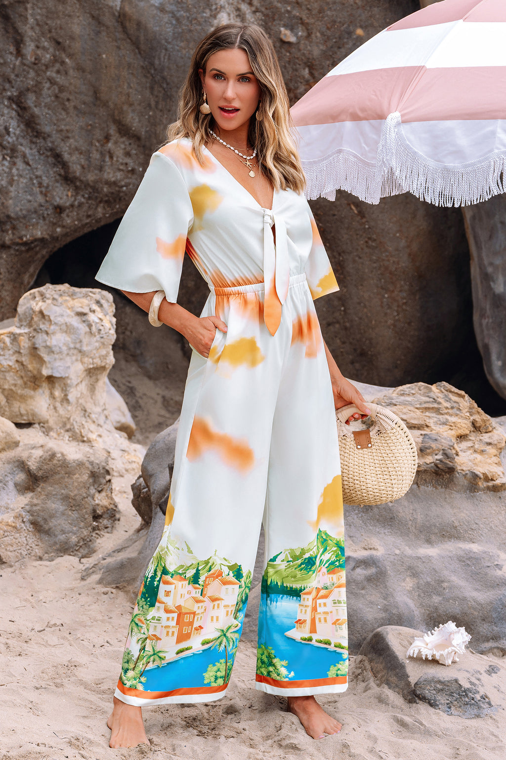 Tropischer Tiefer Ausschnitt Jumpsuit