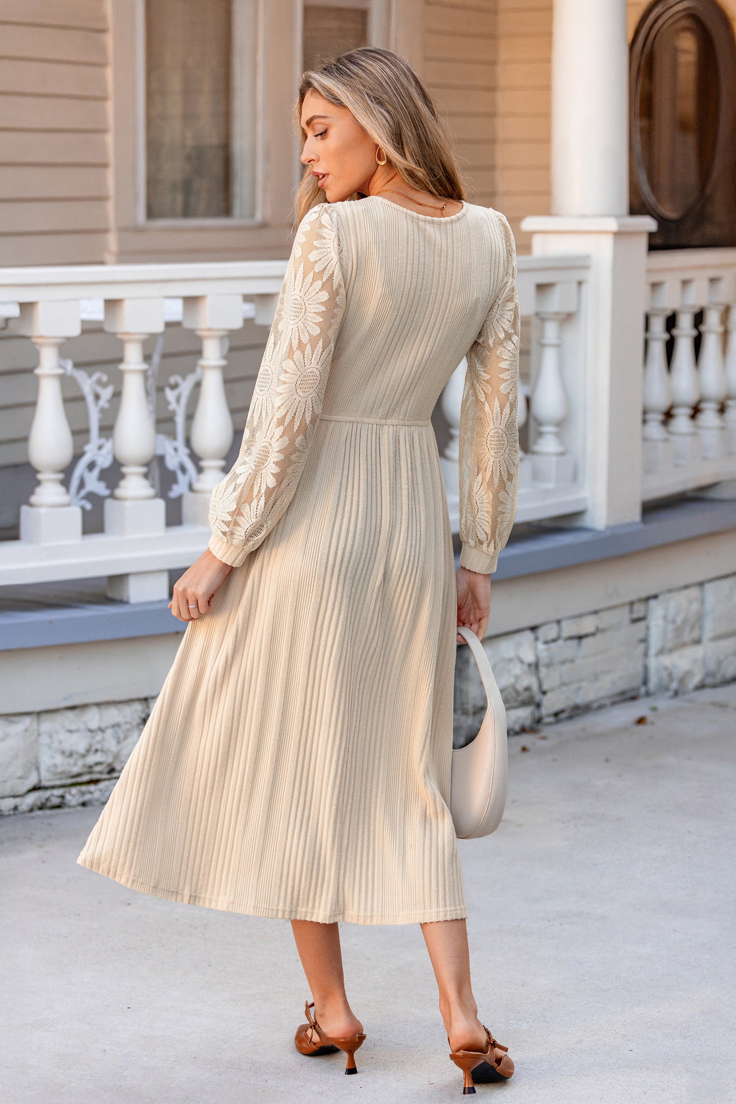 Beiges Lange Ärmel Wickel-Maxikleid