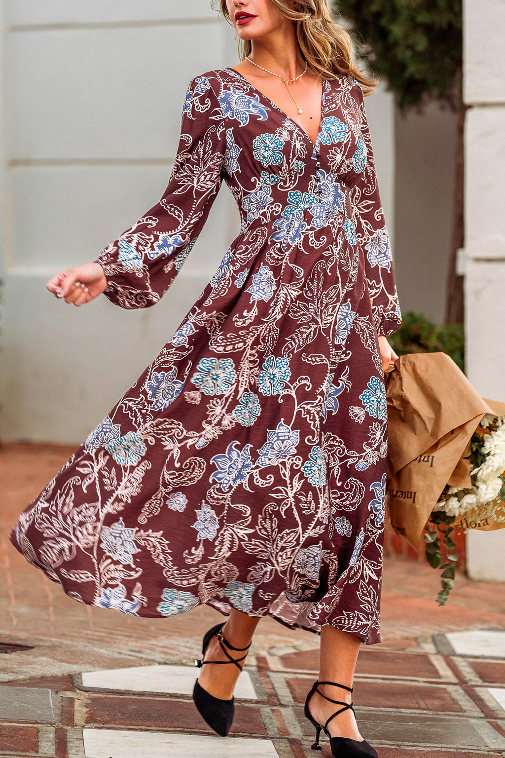 Braunes Geblümtes Langarm V-Ausschnitt Maxikleid