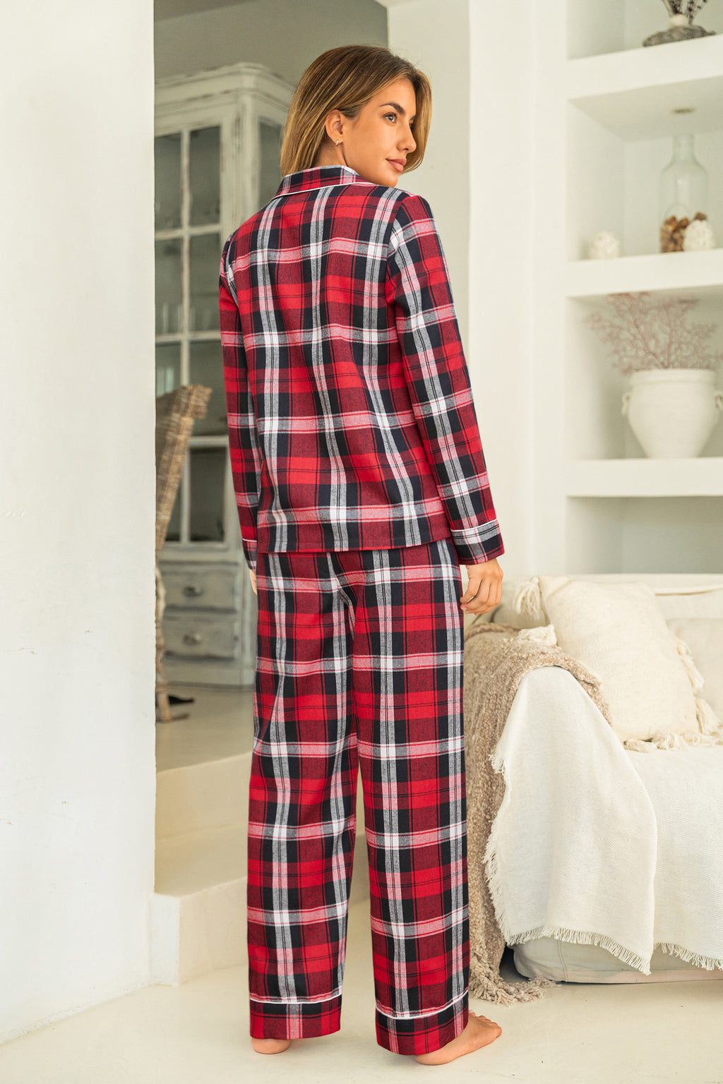 Rotes Kariertes Langarm Pyjama-Set