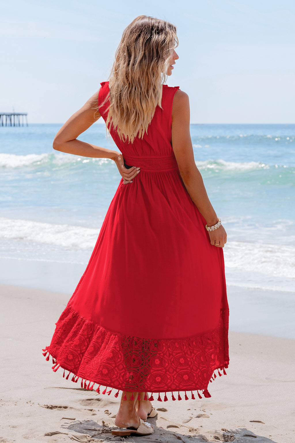 Rotes Ärmelloses V-Ausschnitt Midikleid