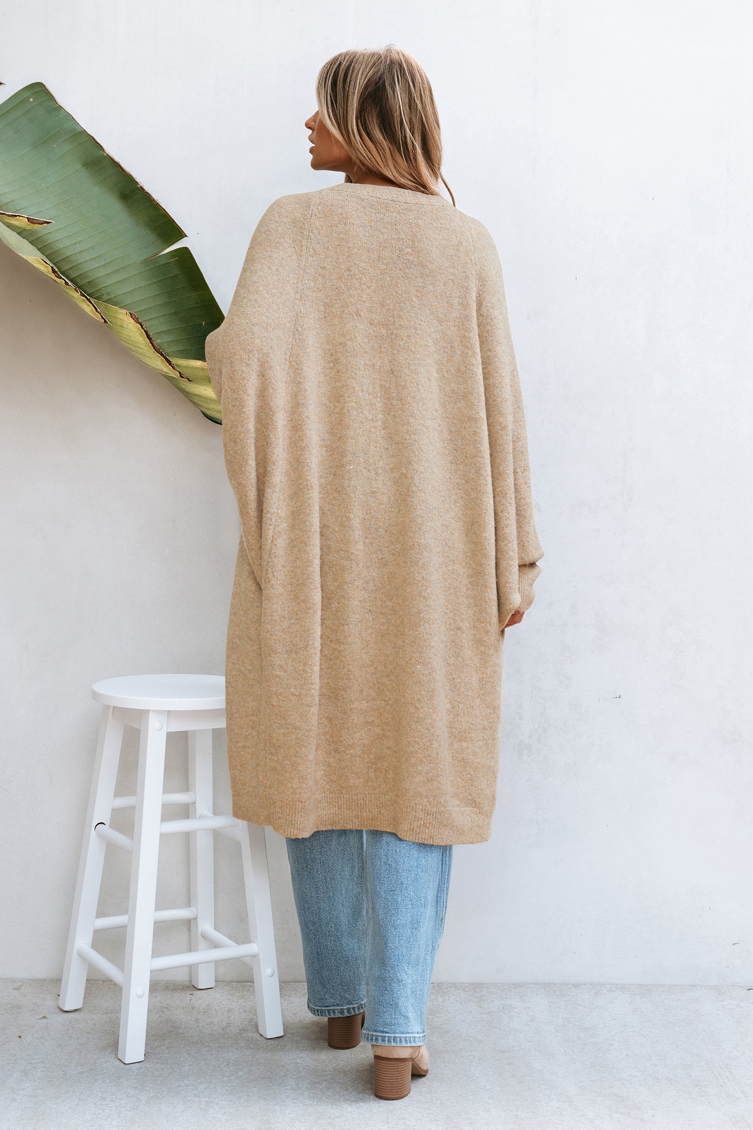 Beige Lange Strickjacke mit Dolman-Ärmeln