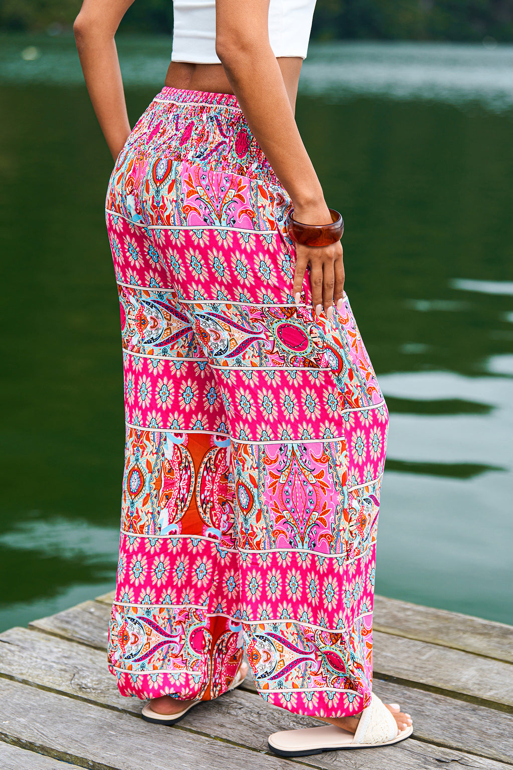 Boho Pink Gesmokter Bund Hose