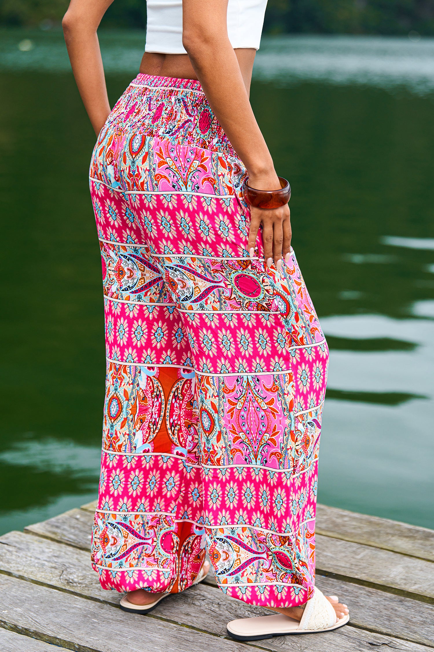 Boho Pink Gesmokter Bund Hose