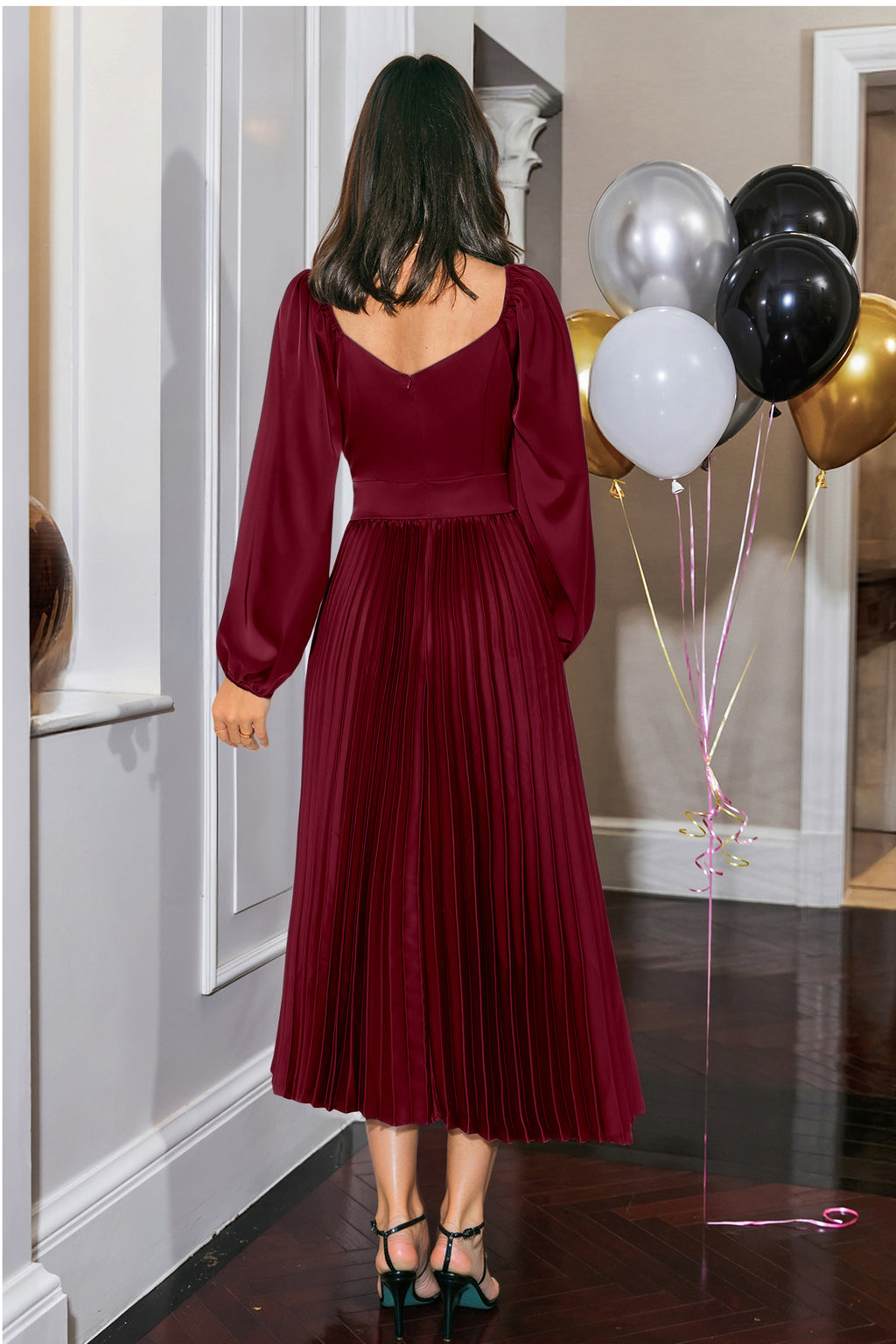 Burgunderrotes Festliches Plissiertes V-Ausschnitt Midikleid
