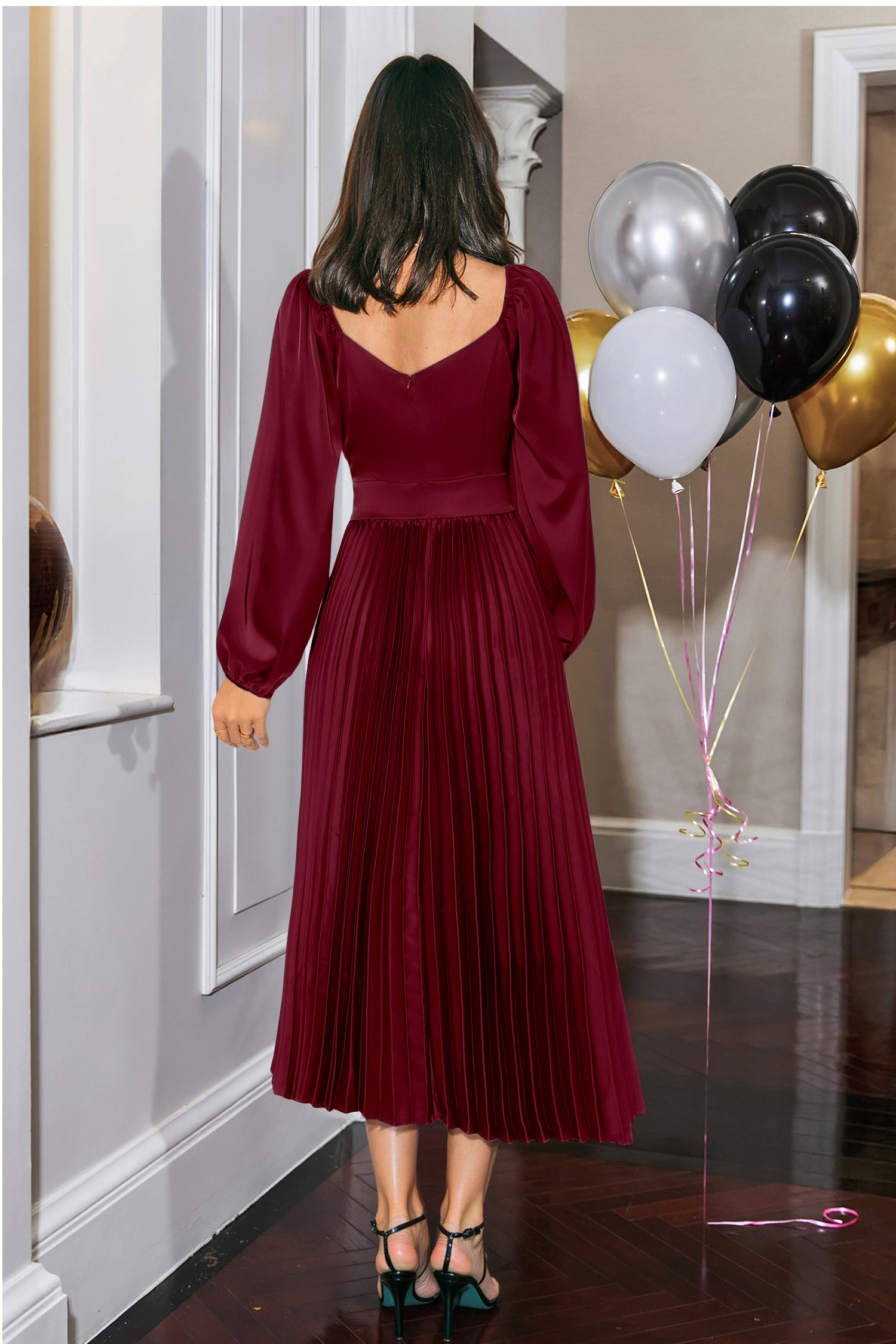 Burgunderrotes Festliches Plissiertes V-Ausschnitt Midikleid