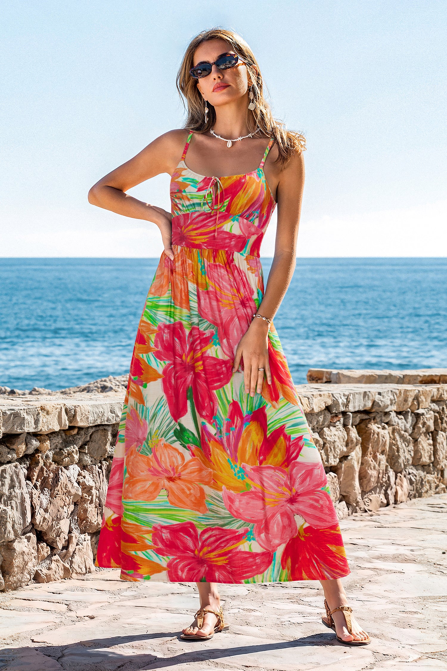 Rot Geblümtes Maxi-Strandkleid