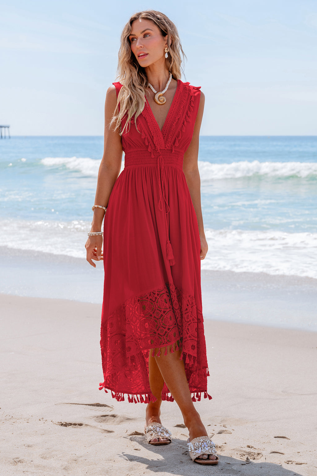 Rotes Ärmelloses V-Ausschnitt Midikleid