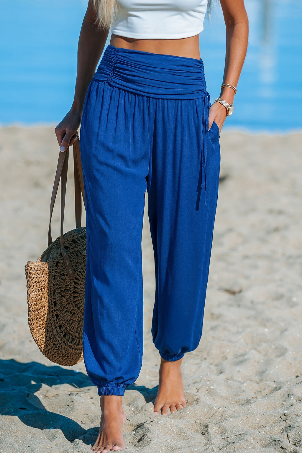 Königsblaue Geraffte Sommerhose