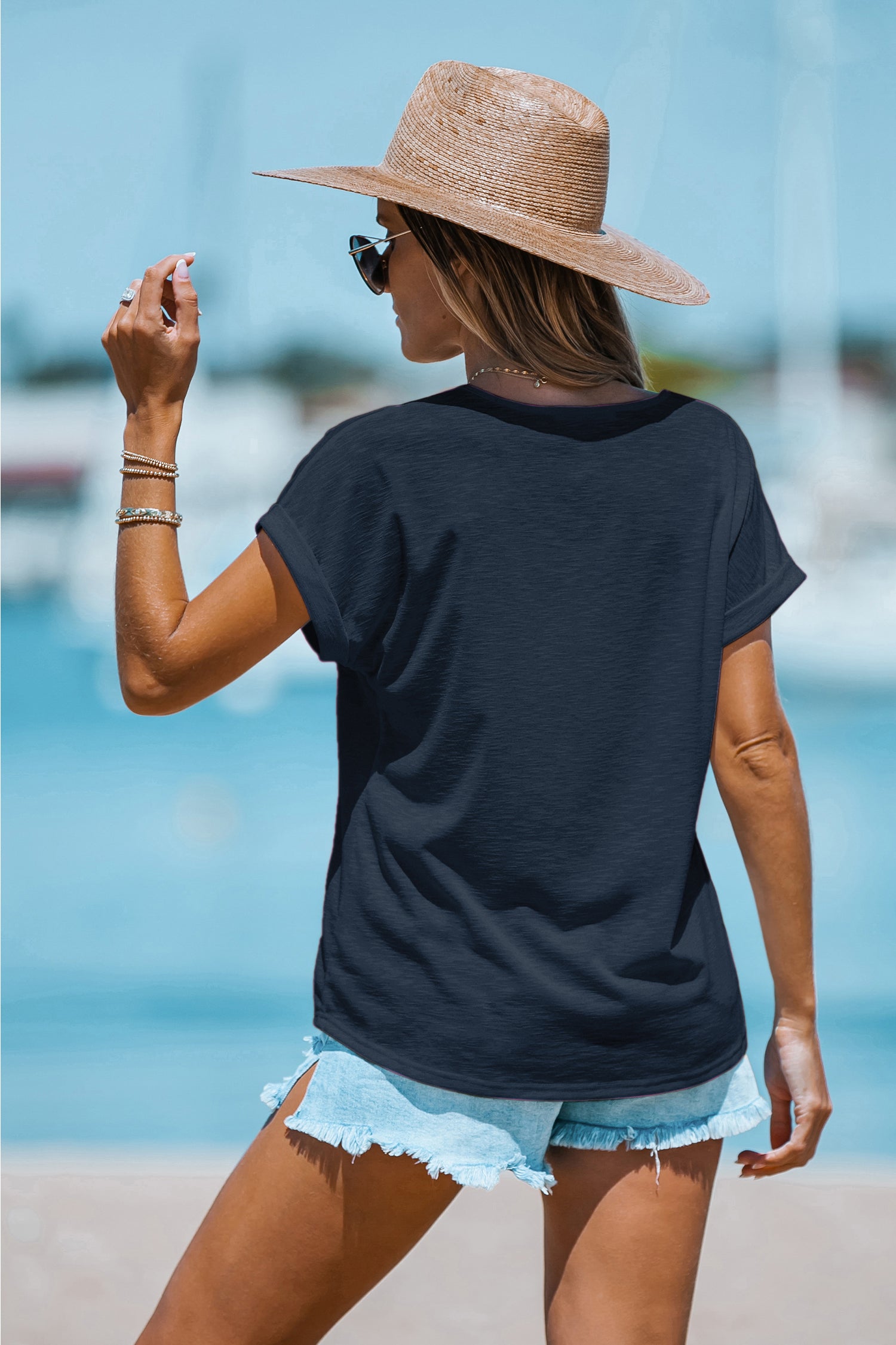Blaues V-Ausschnitt Kurzarm Leicht Transparentes T-Shirt