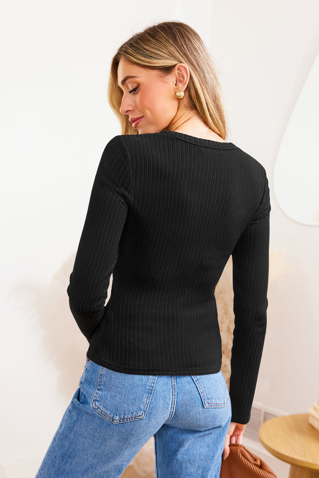 Schwarzes Lange Ärmel Strick-Top mit Mesh-Einsatz