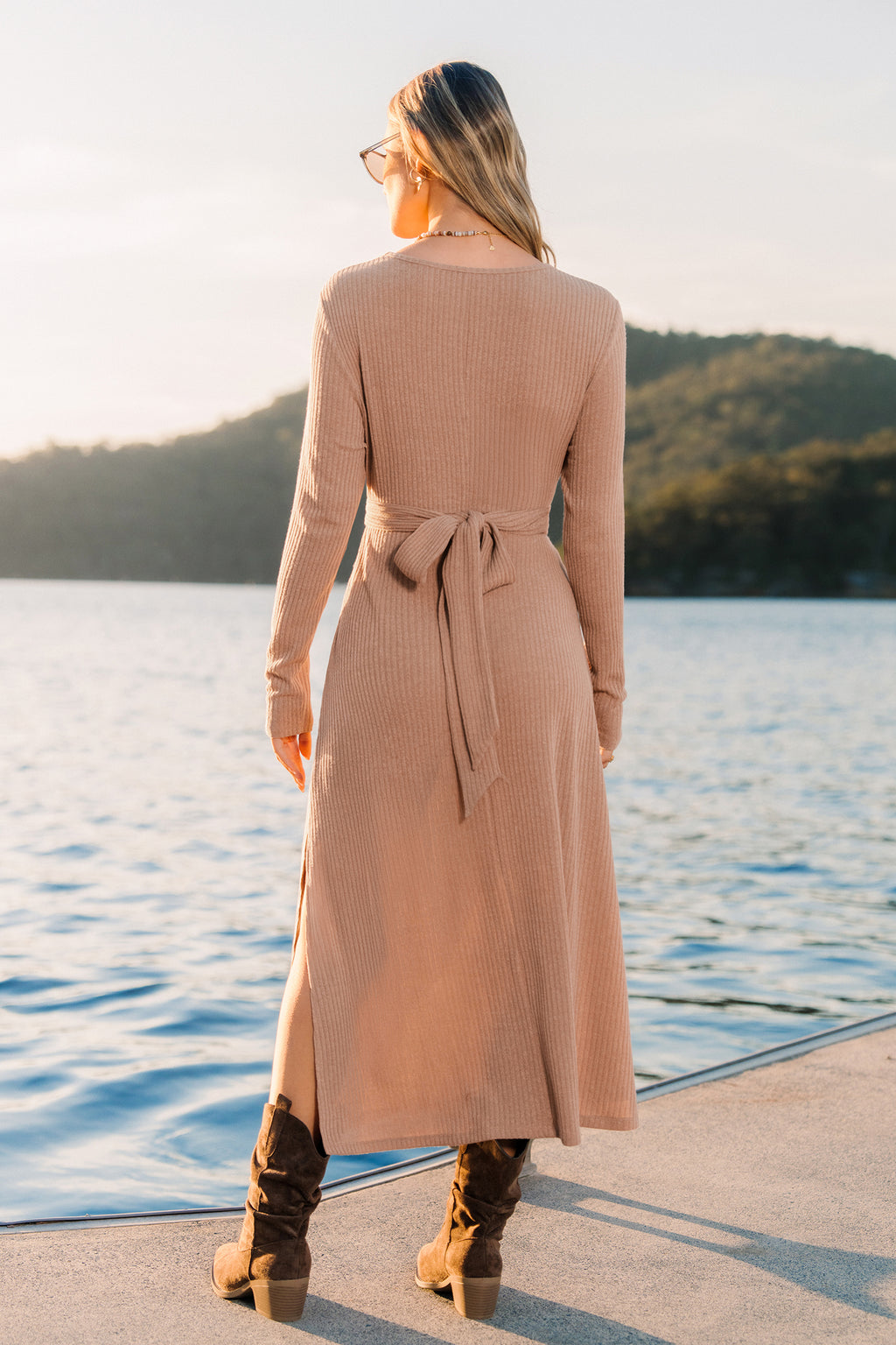 Beiges Lange Ärmel Maxikleid mit Taillengürtel