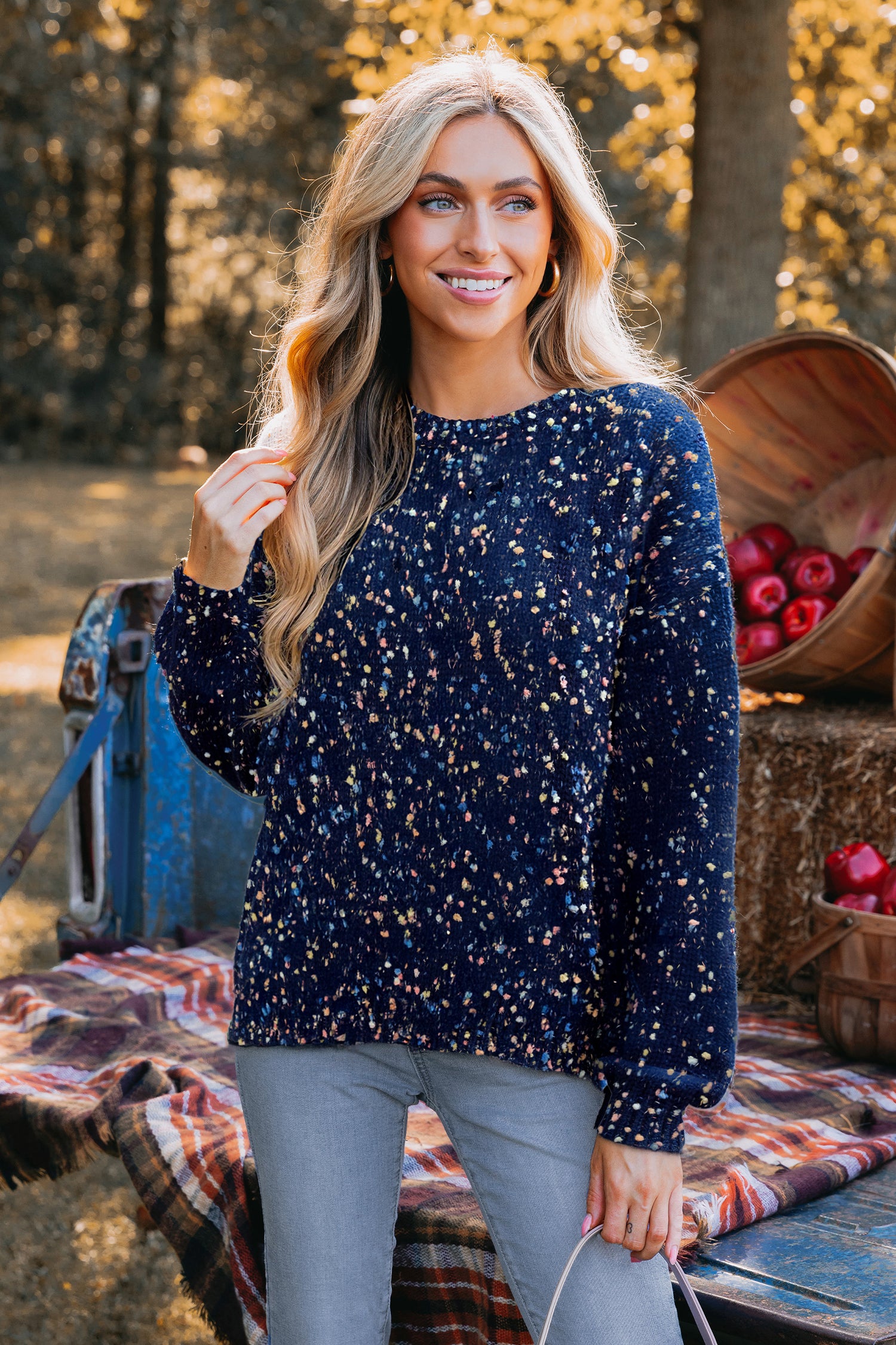 Marineblauer Lockerer Rundhals-Pullover