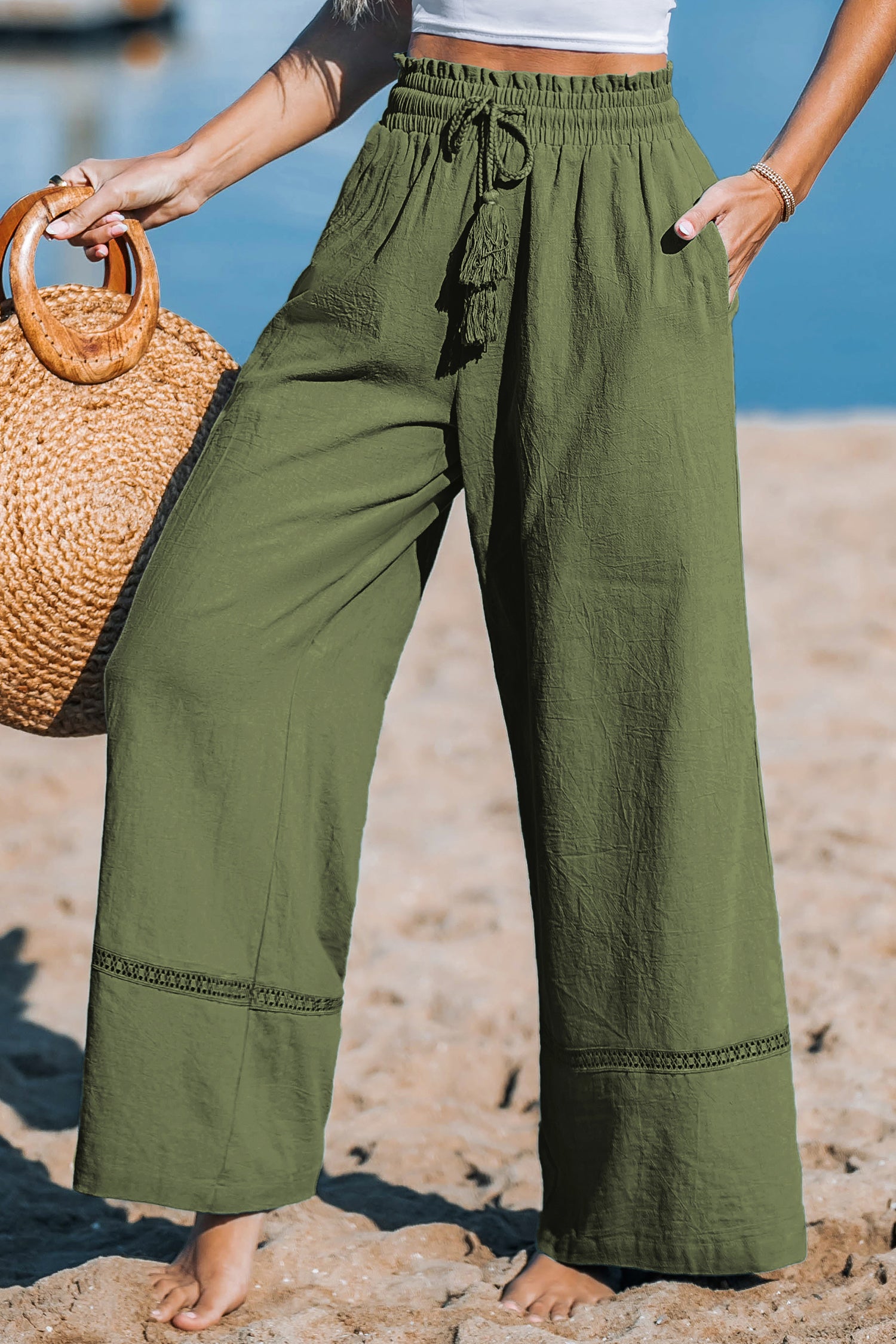 Grüne Boho Strandhose mit Quasten-Bindegürtel