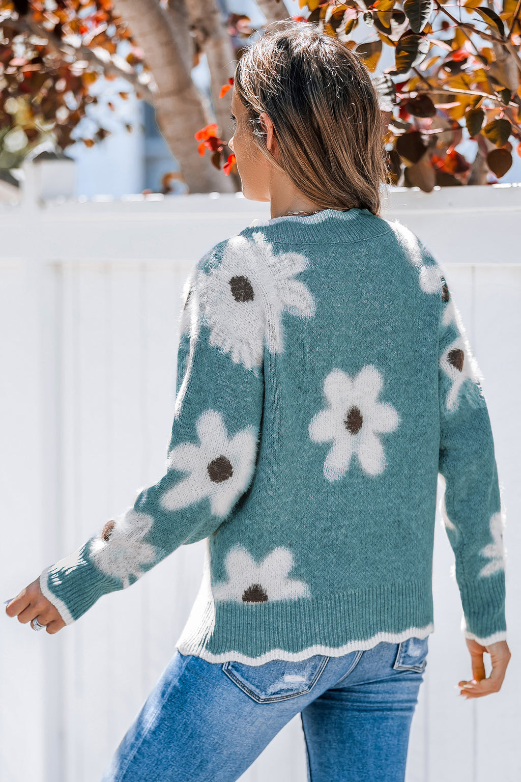 V-Ausschnitt Lange Ärmel Pullover mit Blumenmuster