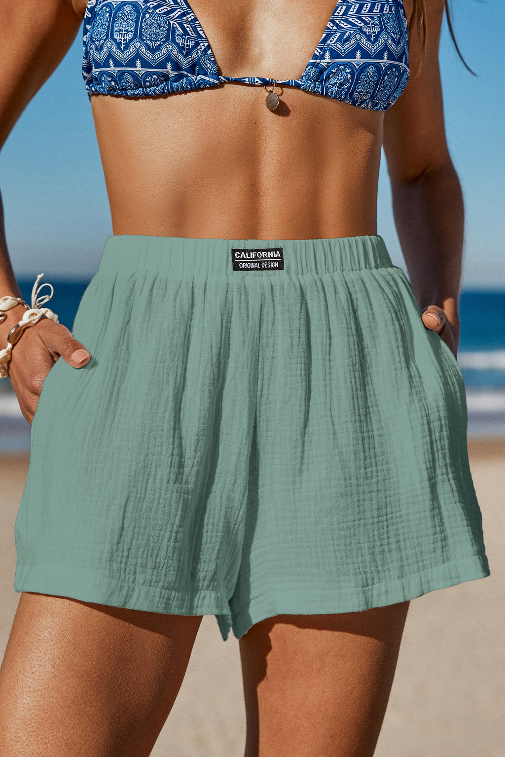 Grüne Elastischer Bund Strand-Shorts aus Baumwolle