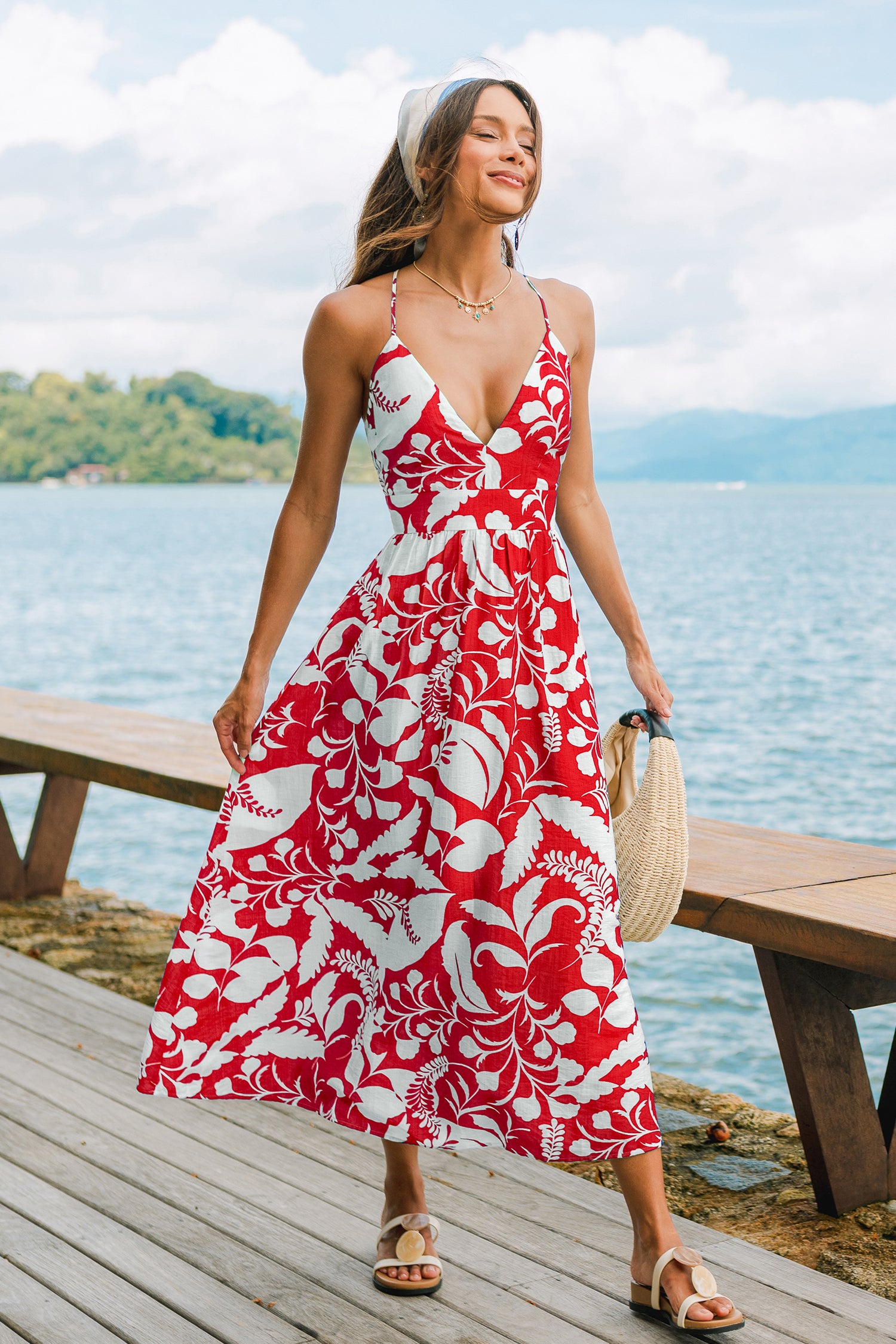 Rot tropisches ärmelloses V-Ausschnitt Maxi-Strandkleid