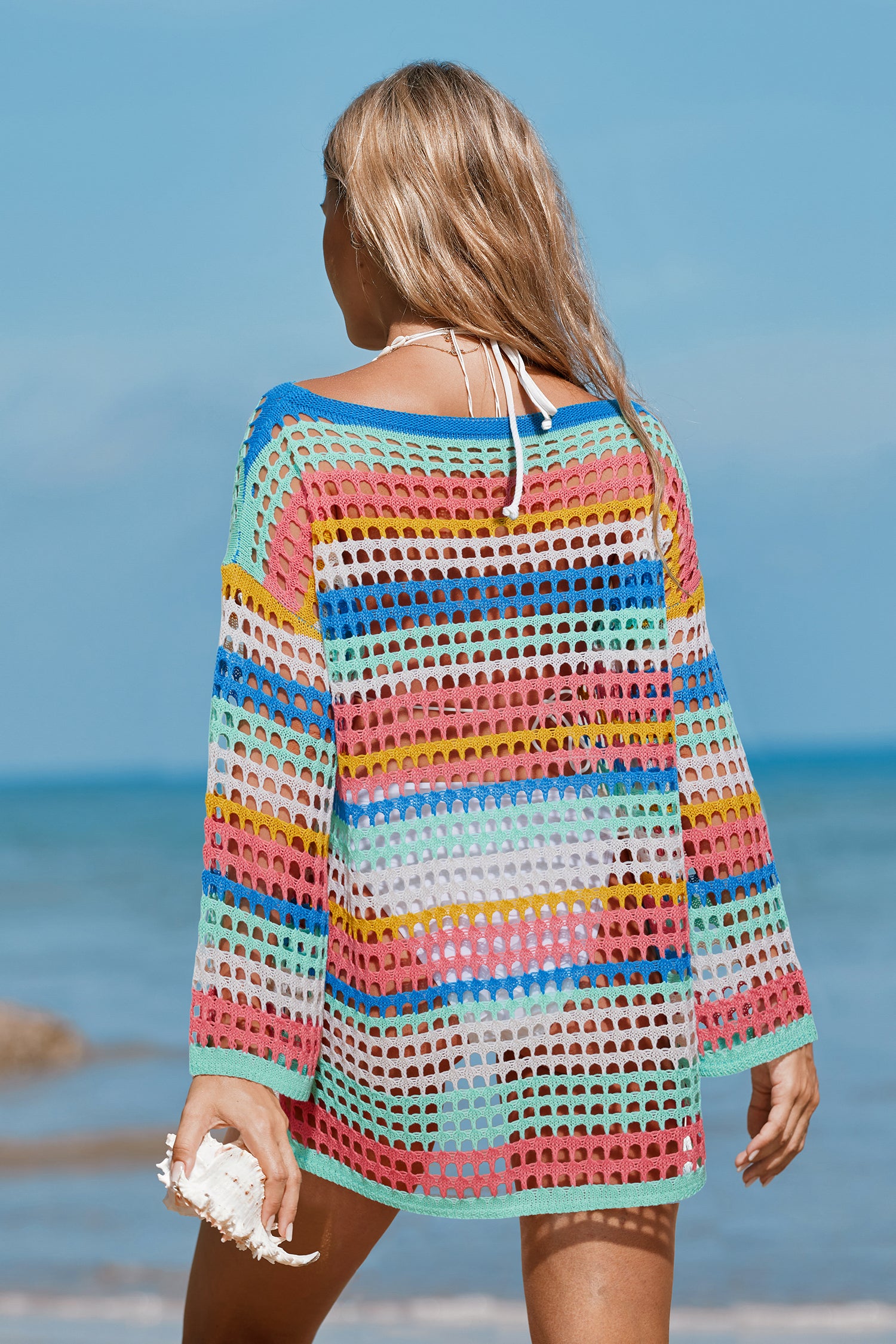 Gestreiftes Gestricktes Langarm Schulterfreies Strandtop