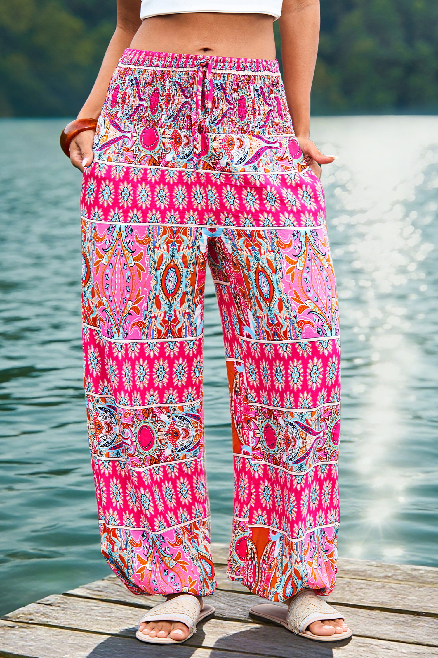 Boho Pink Gesmokter Bund Hose