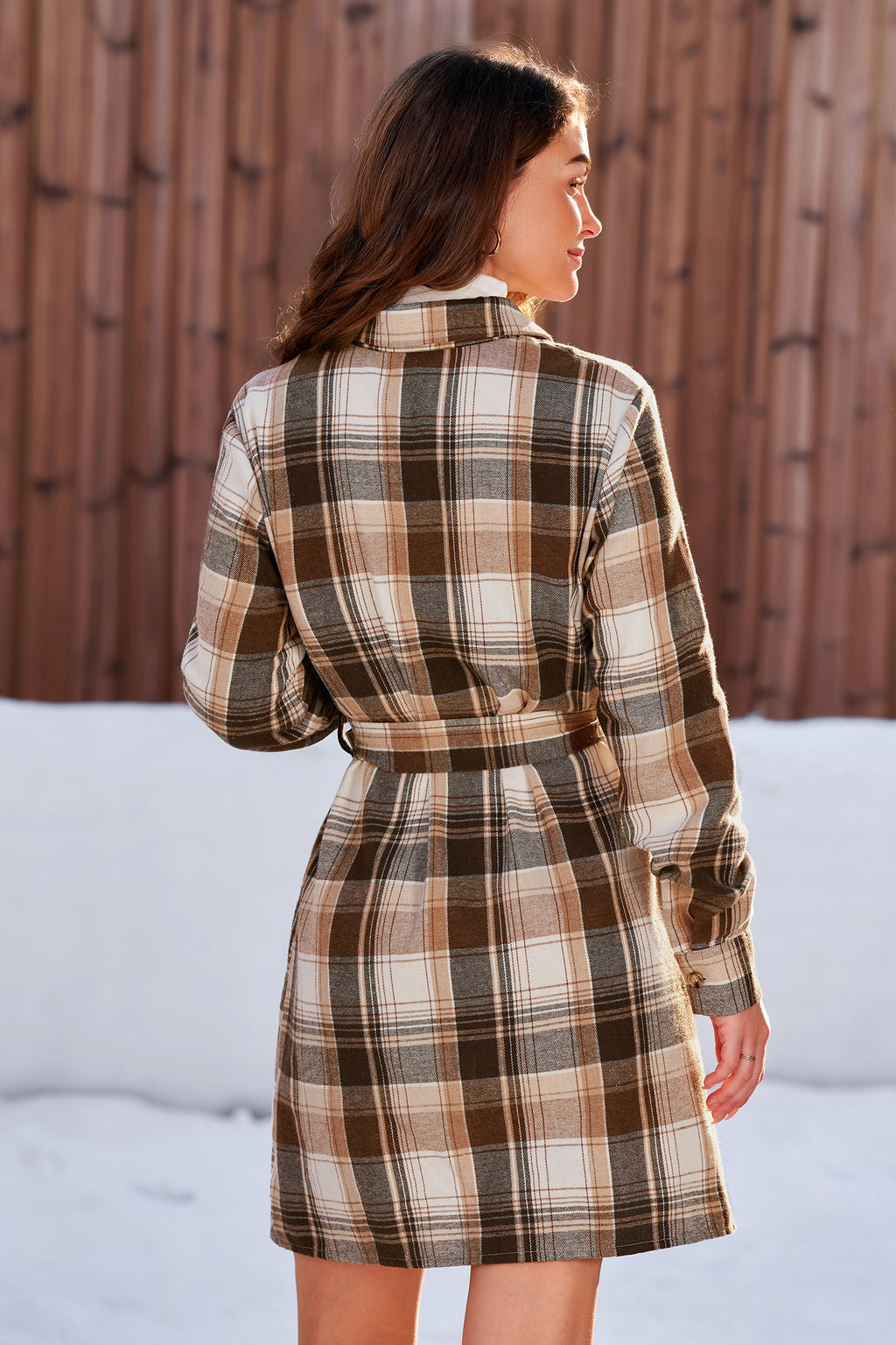 Braun Kariertes Mini-Blusenkleid