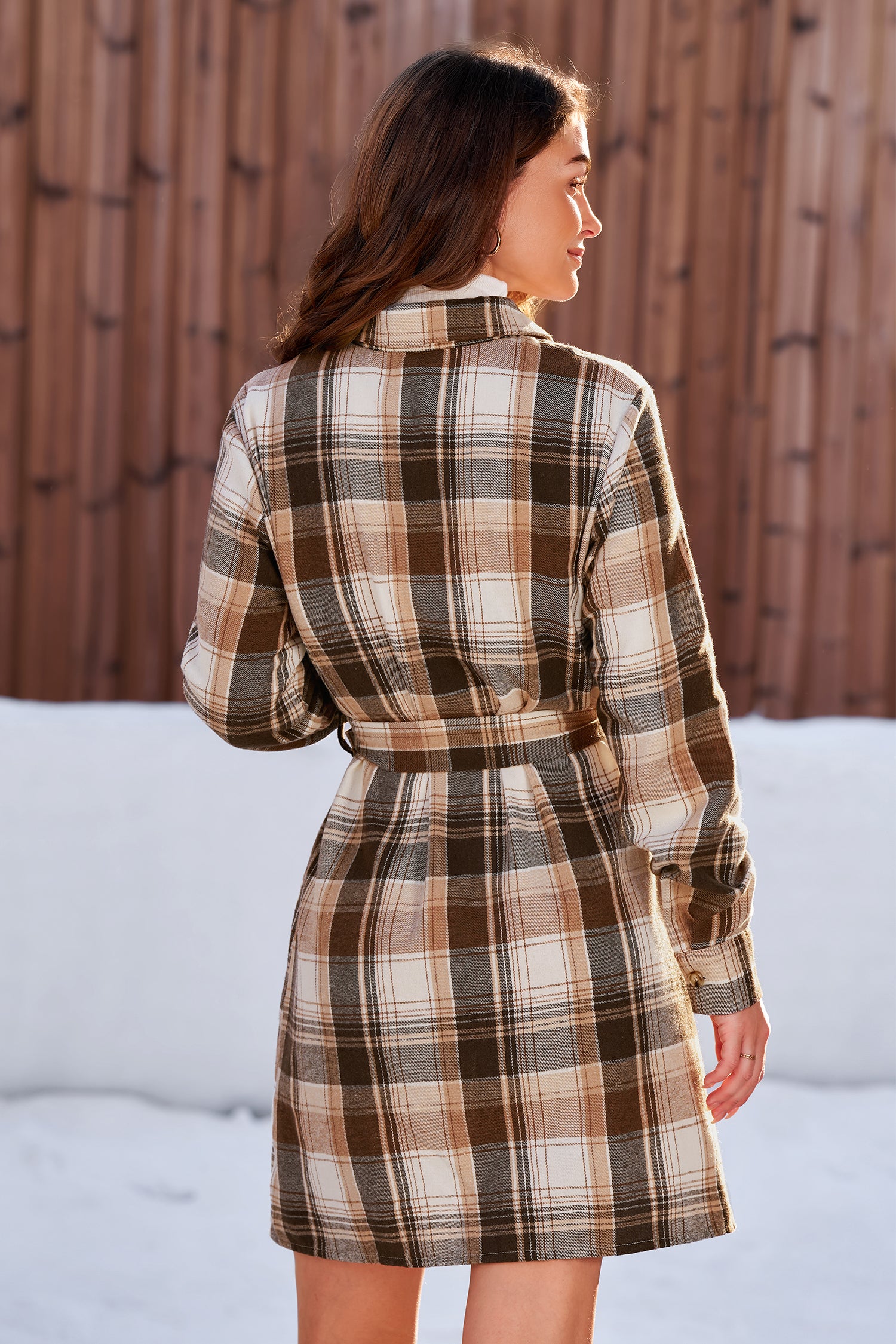Braun Kariertes Mini-Blusenkleid