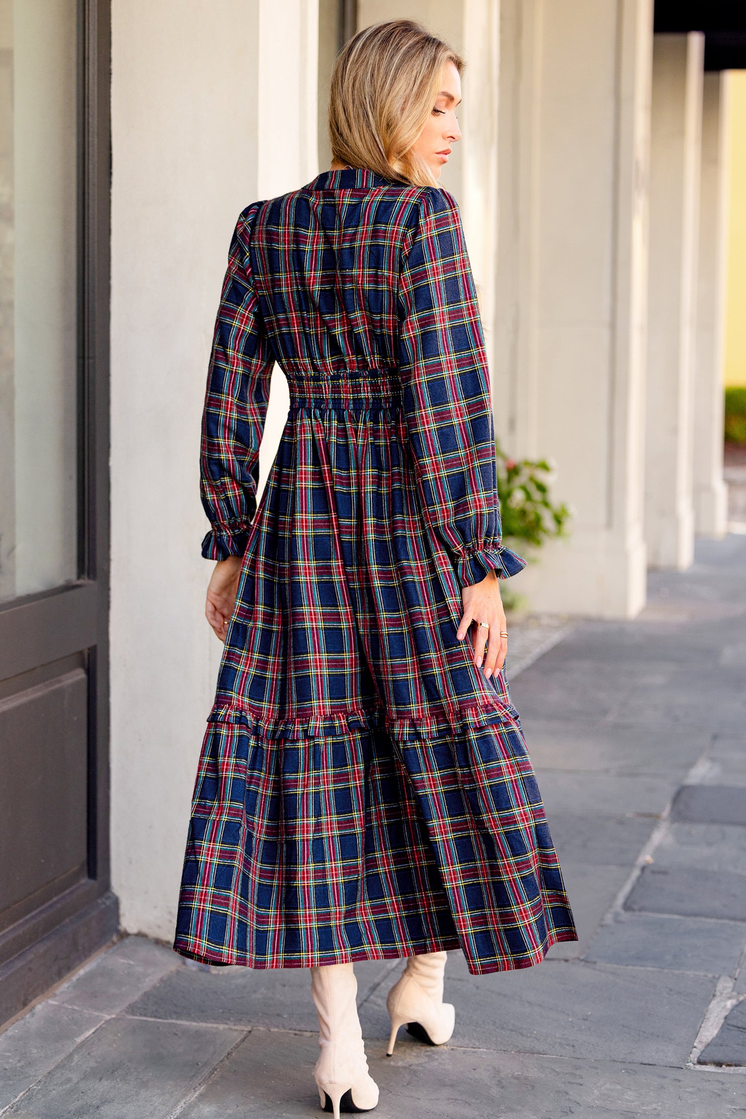 Blaues Kariertes Lange Ärmel Maxikleid