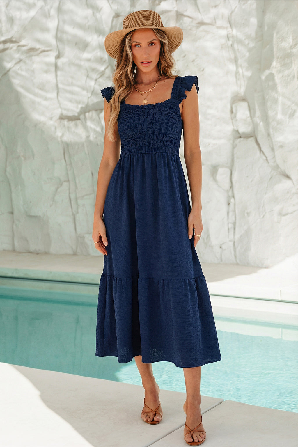 Blaues Gesmoktes Eckiger Ausschnitt Maxi-Strandkleid