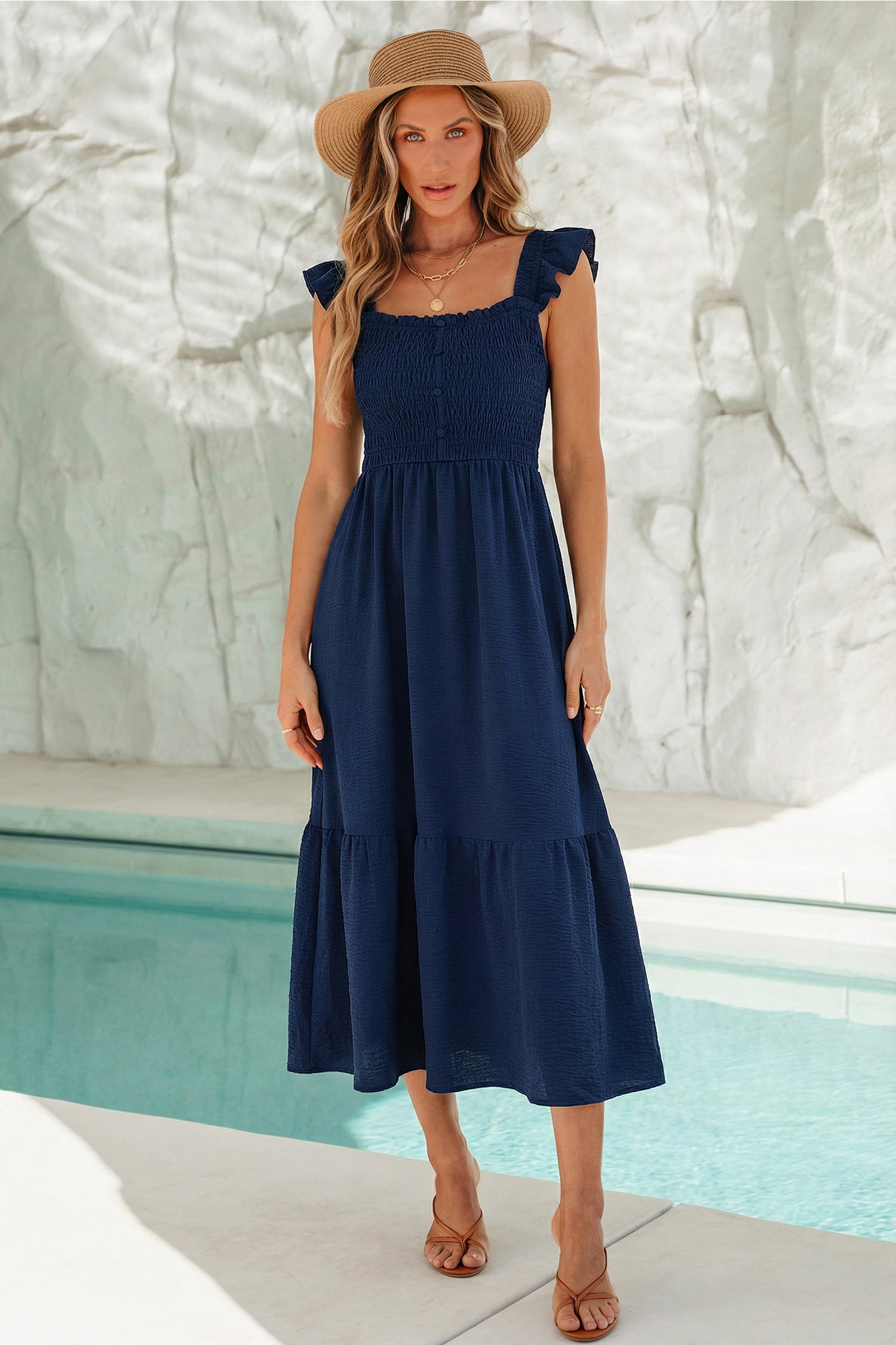 Blaues Gesmoktes Eckiger Ausschnitt Maxi-Strandkleid