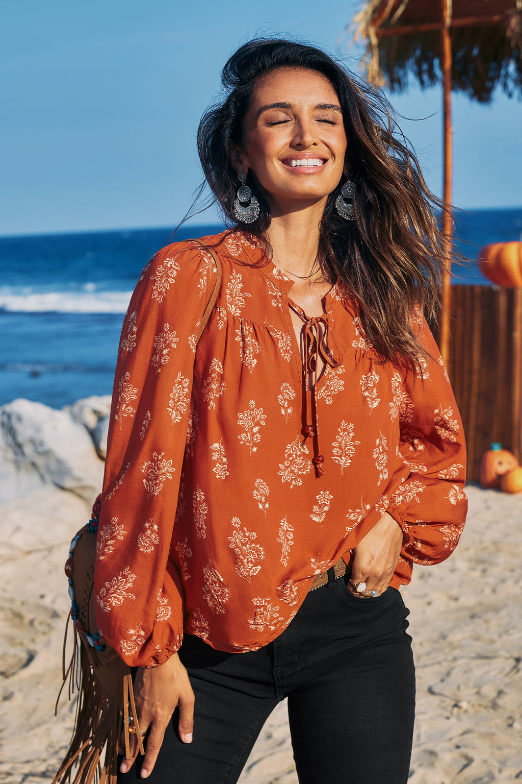 Boho Verziertes Lange Ärmel Top