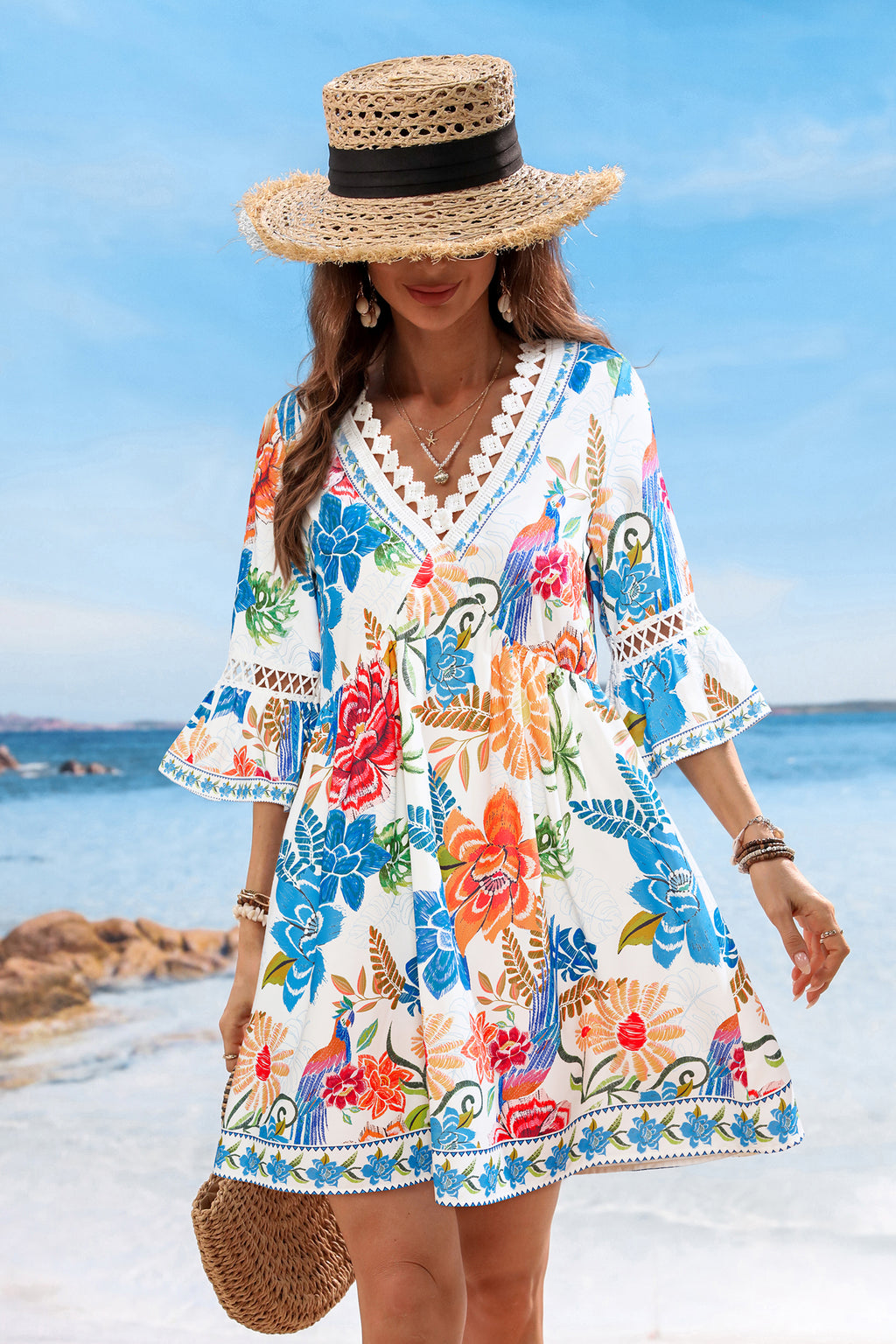 Blaues Halbarm Mini-Strandkleid mit Blumenmuster