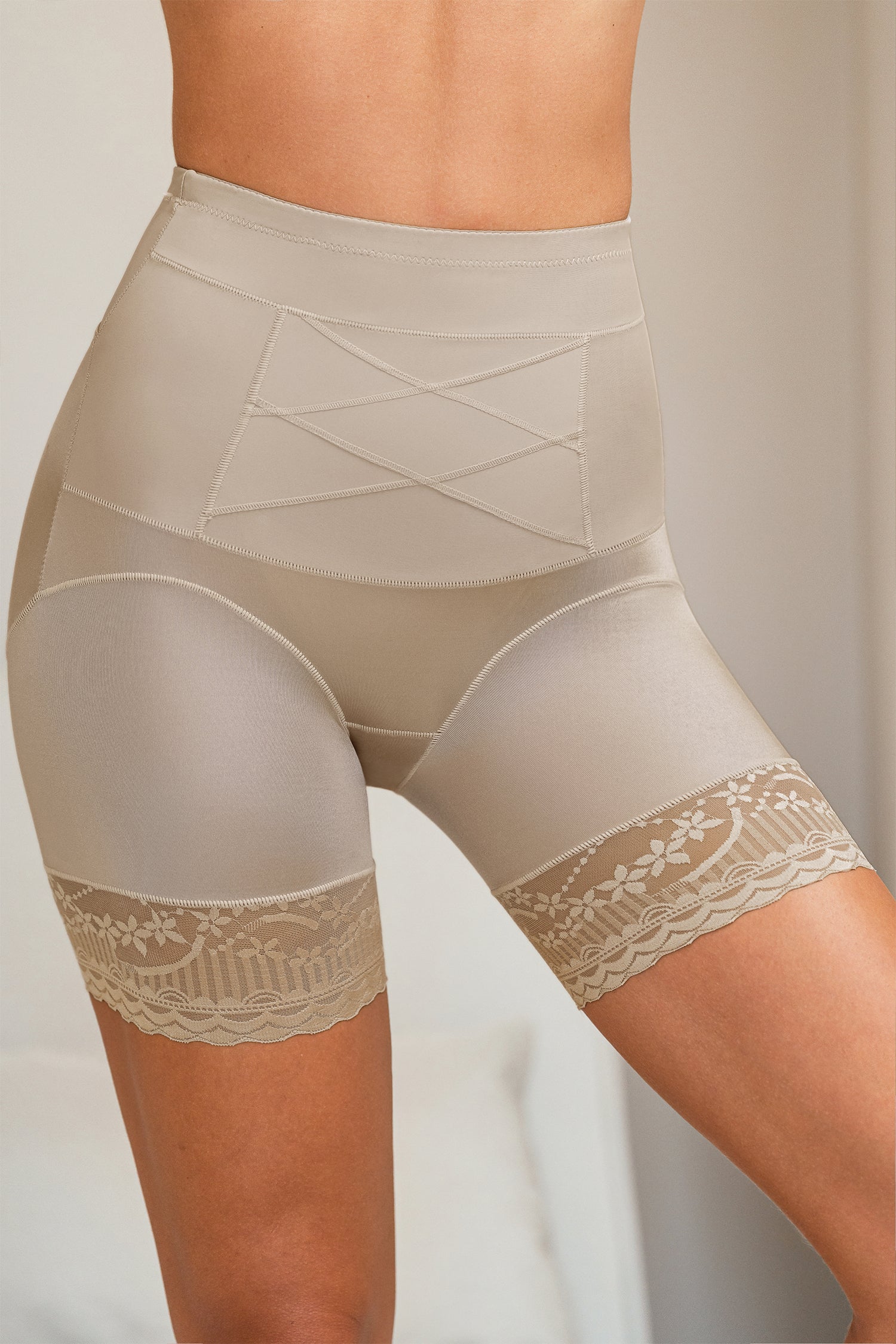 Beige High-Waist Shapewear-Hose mit Spitzendetail