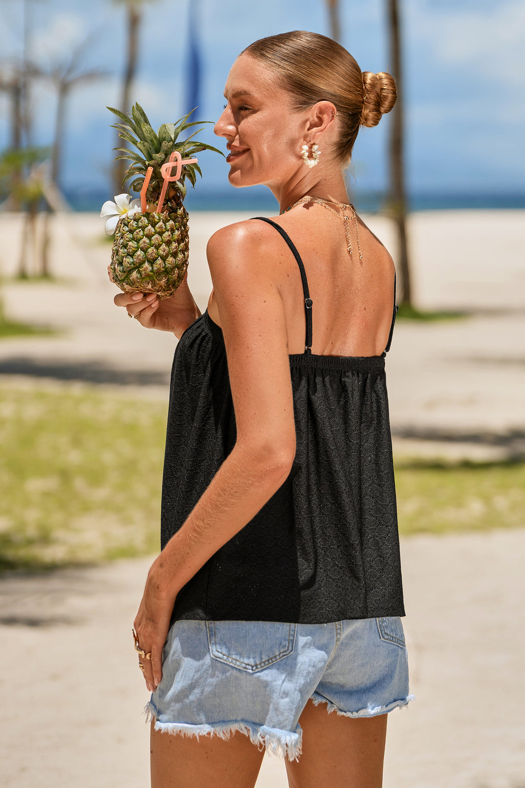 Schwarzes Eckiger Ausschnitt Lockeres Cami-Top